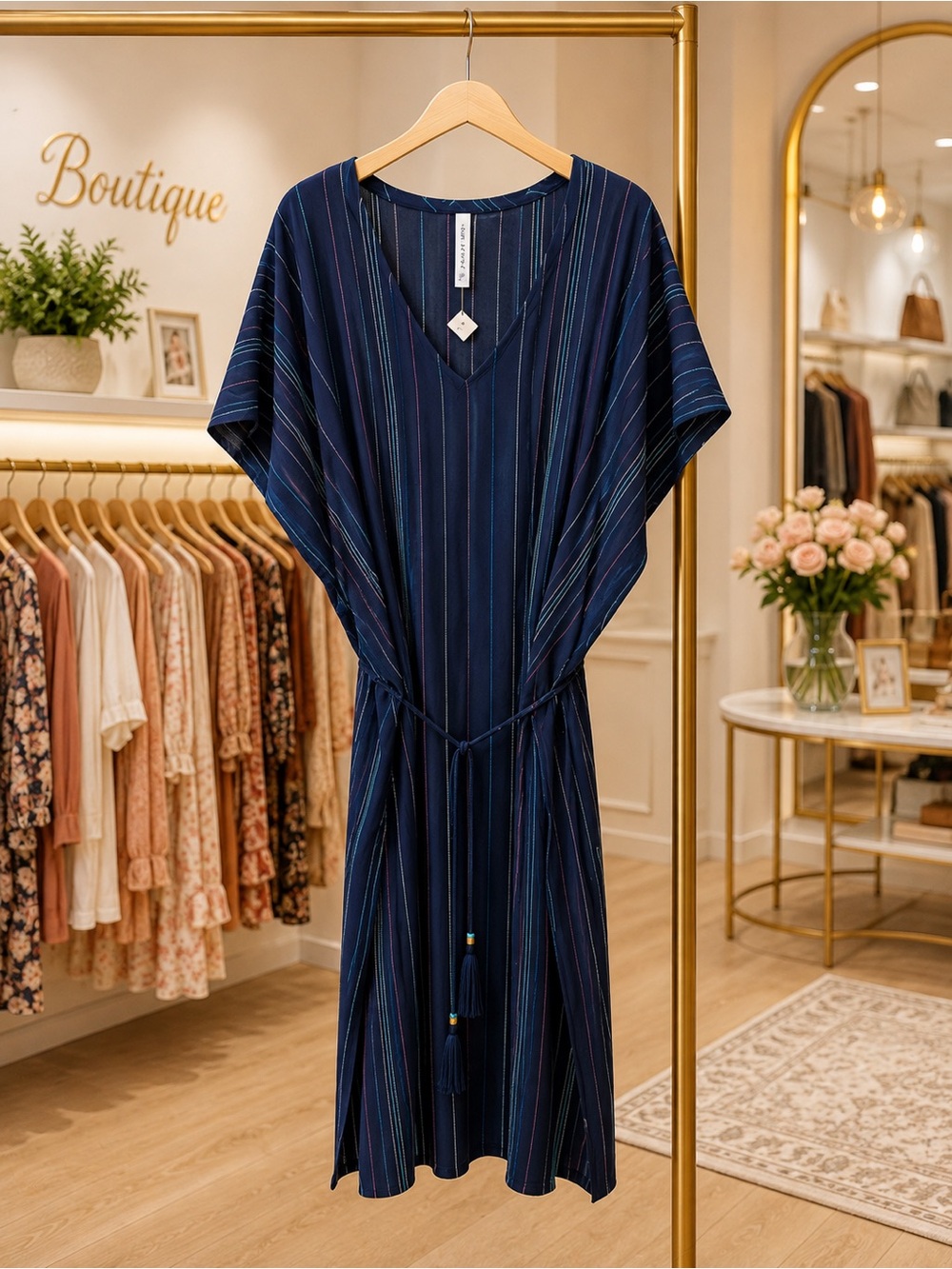Navy Multistripe V-Neck Midi Dress with Tie Waist